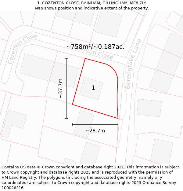 1, COZENTON CLOSE, RAINHAM, GILLINGHAM, ME8 7LY: Plot and title map