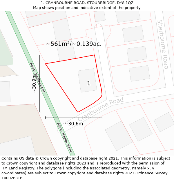 1, CRANBOURNE ROAD, STOURBRIDGE, DY8 1QZ: Plot and title map