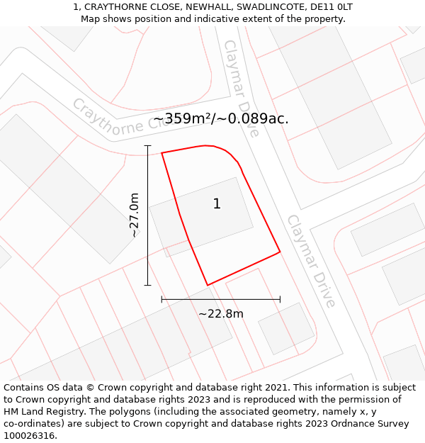 1, CRAYTHORNE CLOSE, NEWHALL, SWADLINCOTE, DE11 0LT: Plot and title map