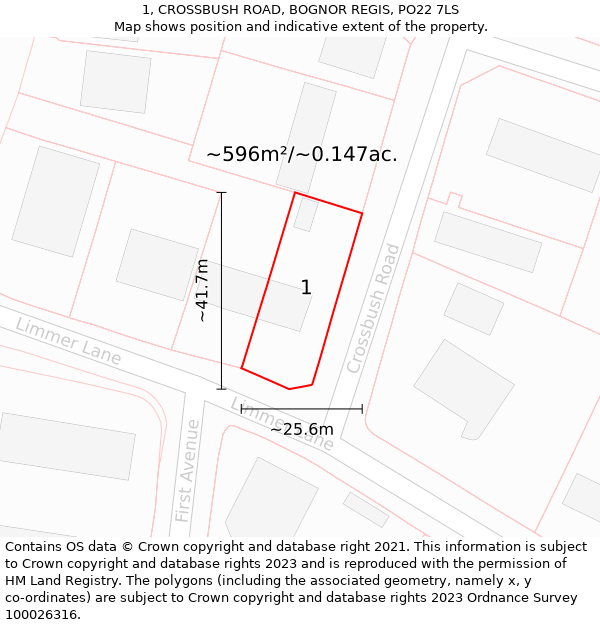 1, CROSSBUSH ROAD, BOGNOR REGIS, PO22 7LS: Plot and title map