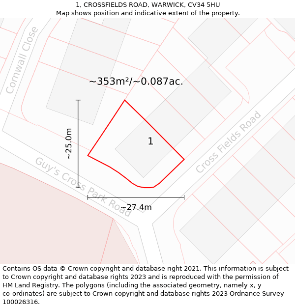 1, CROSSFIELDS ROAD, WARWICK, CV34 5HU: Plot and title map