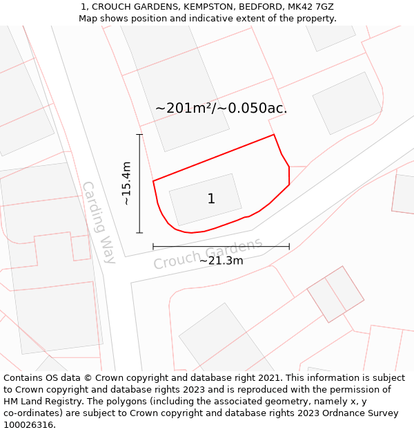 1, CROUCH GARDENS, KEMPSTON, BEDFORD, MK42 7GZ: Plot and title map