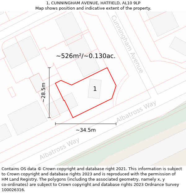 1, CUNNINGHAM AVENUE, HATFIELD, AL10 9LP: Plot and title map