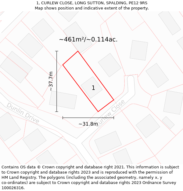 1, CURLEW CLOSE, LONG SUTTON, SPALDING, PE12 9RS: Plot and title map