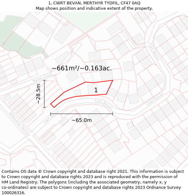 1, CWRT BEVAN, MERTHYR TYDFIL, CF47 0AQ: Plot and title map