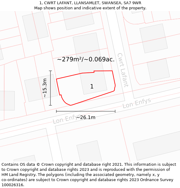 1, CWRT LAFANT, LLANSAMLET, SWANSEA, SA7 9WR: Plot and title map