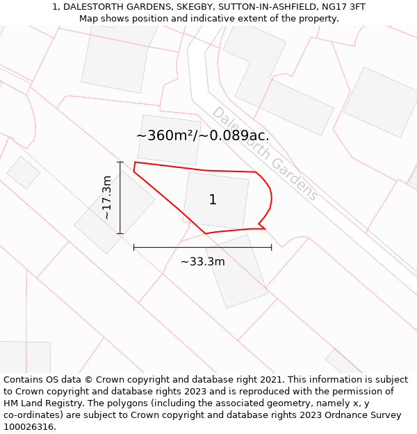 1, DALESTORTH GARDENS, SKEGBY, SUTTON-IN-ASHFIELD, NG17 3FT: Plot and title map