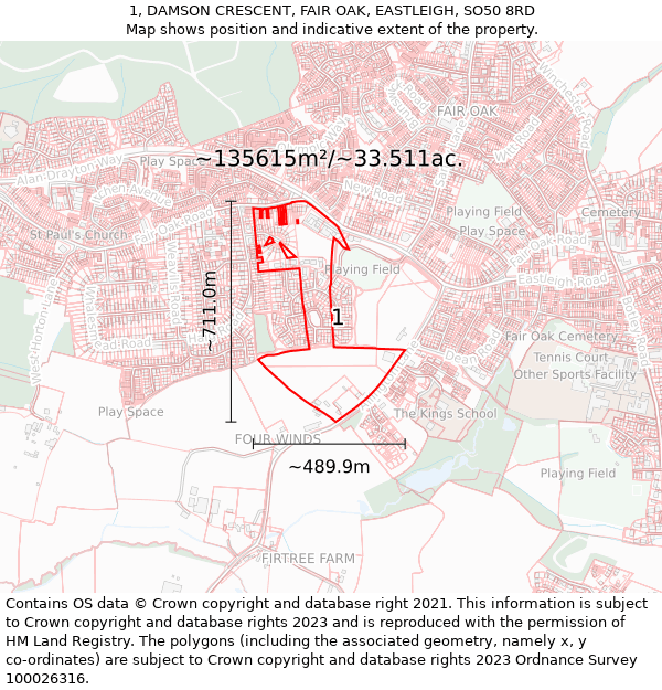 1, DAMSON CRESCENT, FAIR OAK, EASTLEIGH, SO50 8RD: Plot and title map