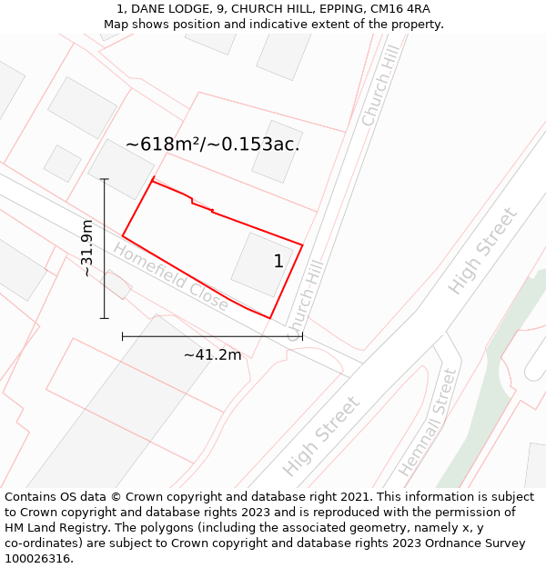 1, DANE LODGE, 9, CHURCH HILL, EPPING, CM16 4RA: Plot and title map