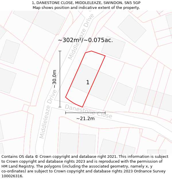 1, DANESTONE CLOSE, MIDDLELEAZE, SWINDON, SN5 5GP: Plot and title map