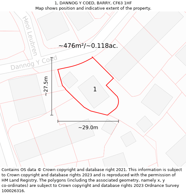 1, DANNOG Y COED, BARRY, CF63 1HF: Plot and title map