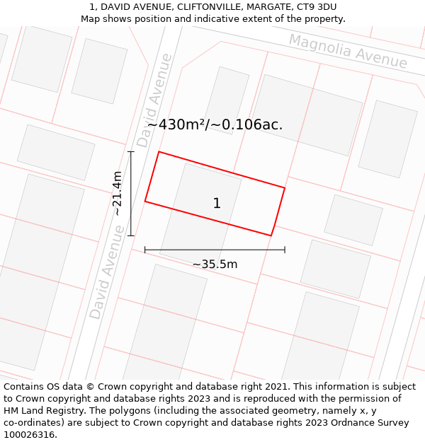 1, DAVID AVENUE, CLIFTONVILLE, MARGATE, CT9 3DU: Plot and title map