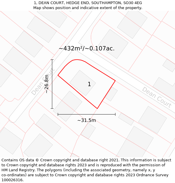 1, DEAN COURT, HEDGE END, SOUTHAMPTON, SO30 4EG: Plot and title map