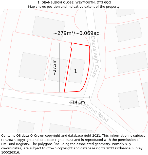 1, DEANSLEIGH CLOSE, WEYMOUTH, DT3 6QQ: Plot and title map