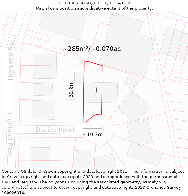 1, DECIES ROAD, POOLE, BH14 0DZ: Plot and title map