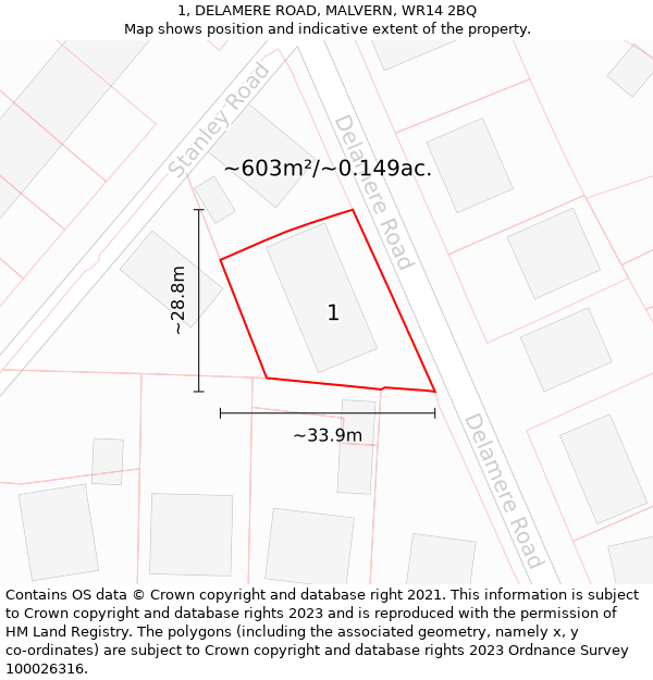 1, DELAMERE ROAD, MALVERN, WR14 2BQ: Plot and title map