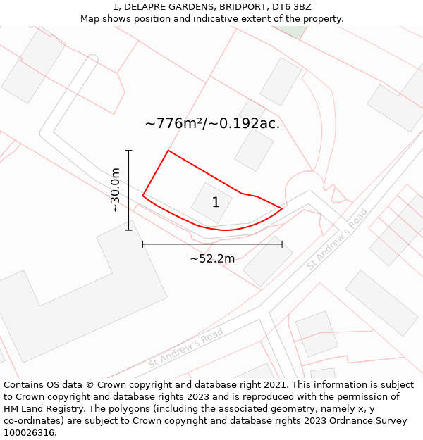 1, DELAPRE GARDENS, BRIDPORT, DT6 3BZ: Plot and title map