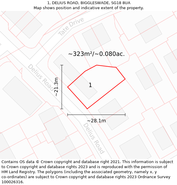 1, DELIUS ROAD, BIGGLESWADE, SG18 8UA: Plot and title map