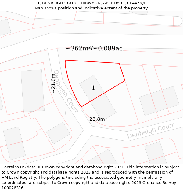 1, DENBEIGH COURT, HIRWAUN, ABERDARE, CF44 9QH: Plot and title map