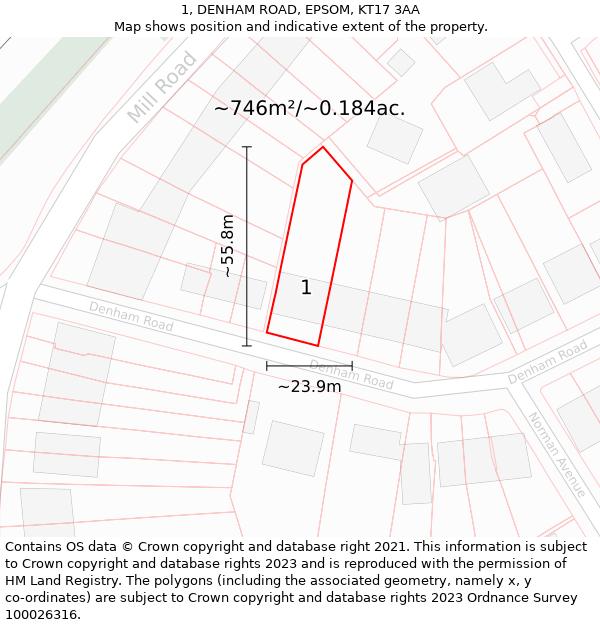 1, DENHAM ROAD, EPSOM, KT17 3AA: Plot and title map