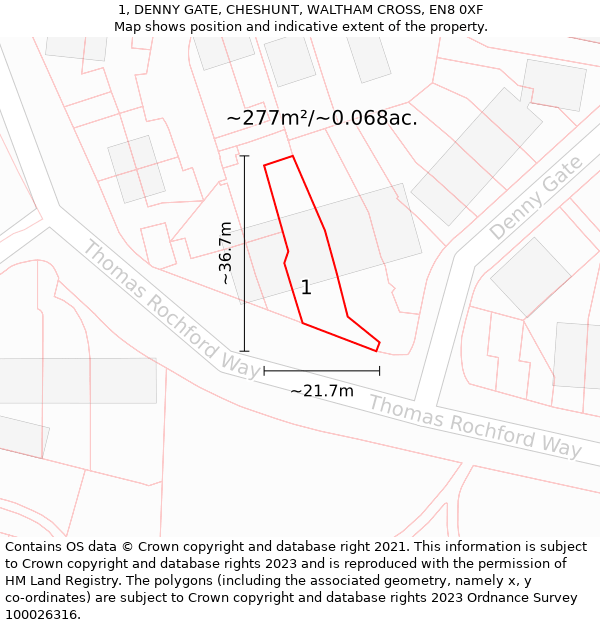 1, DENNY GATE, CHESHUNT, WALTHAM CROSS, EN8 0XF: Plot and title map
