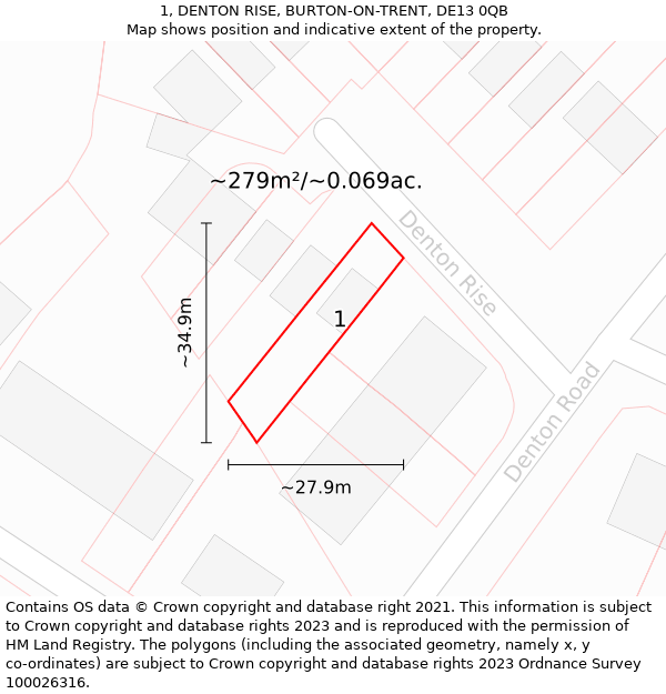 1, DENTON RISE, BURTON-ON-TRENT, DE13 0QB: Plot and title map