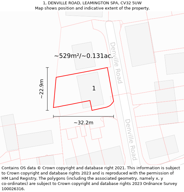 1, DENVILLE ROAD, LEAMINGTON SPA, CV32 5UW: Plot and title map