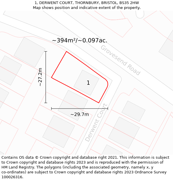 1, DERWENT COURT, THORNBURY, BRISTOL, BS35 2HW: Plot and title map