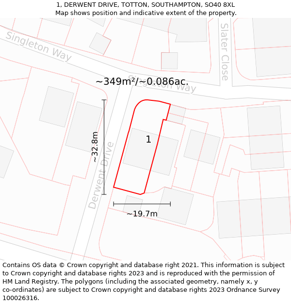 1, DERWENT DRIVE, TOTTON, SOUTHAMPTON, SO40 8XL: Plot and title map