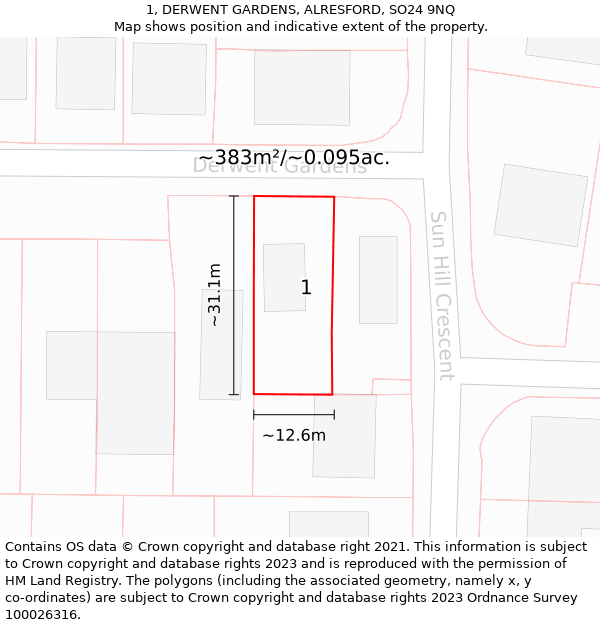 1, DERWENT GARDENS, ALRESFORD, SO24 9NQ: Plot and title map