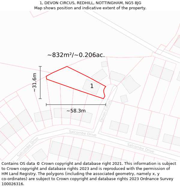 1, DEVON CIRCUS, REDHILL, NOTTINGHAM, NG5 8JG: Plot and title map