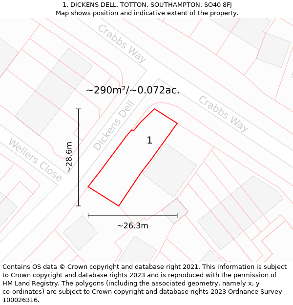 1, DICKENS DELL, TOTTON, SOUTHAMPTON, SO40 8FJ: Plot and title map