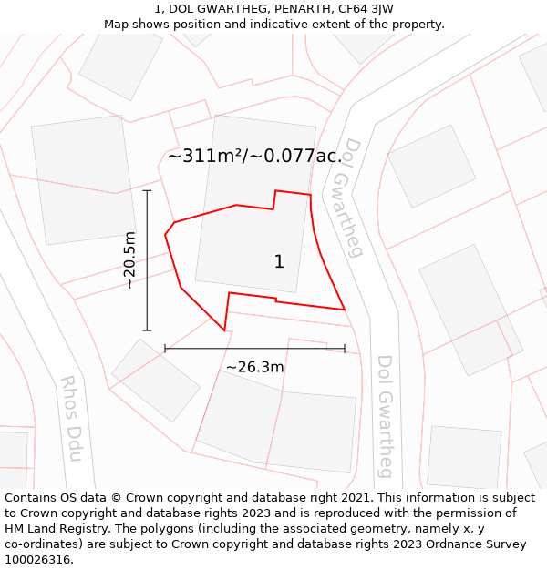 1, DOL GWARTHEG, PENARTH, CF64 3JW: Plot and title map