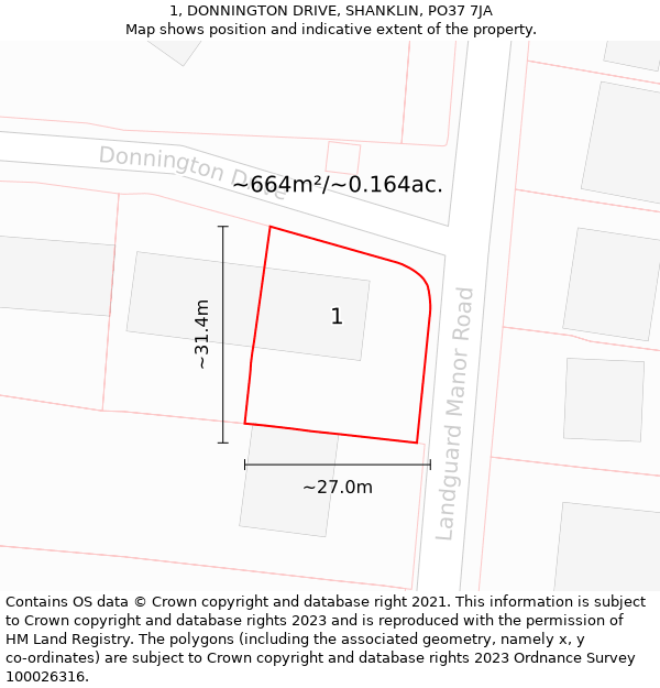 1, DONNINGTON DRIVE, SHANKLIN, PO37 7JA: Plot and title map