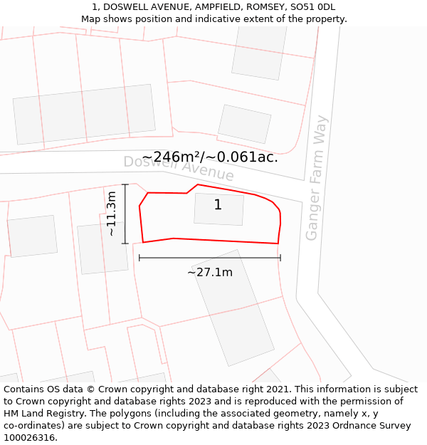 1, DOSWELL AVENUE, AMPFIELD, ROMSEY, SO51 0DL: Plot and title map