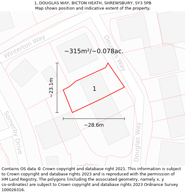 1, DOUGLAS WAY, BICTON HEATH, SHREWSBURY, SY3 5PB: Plot and title map