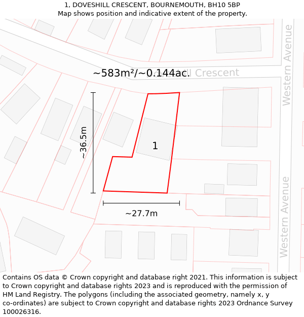 1, DOVESHILL CRESCENT, BOURNEMOUTH, BH10 5BP: Plot and title map