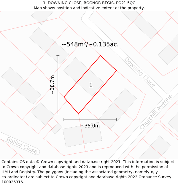 1, DOWNING CLOSE, BOGNOR REGIS, PO21 5QG: Plot and title map