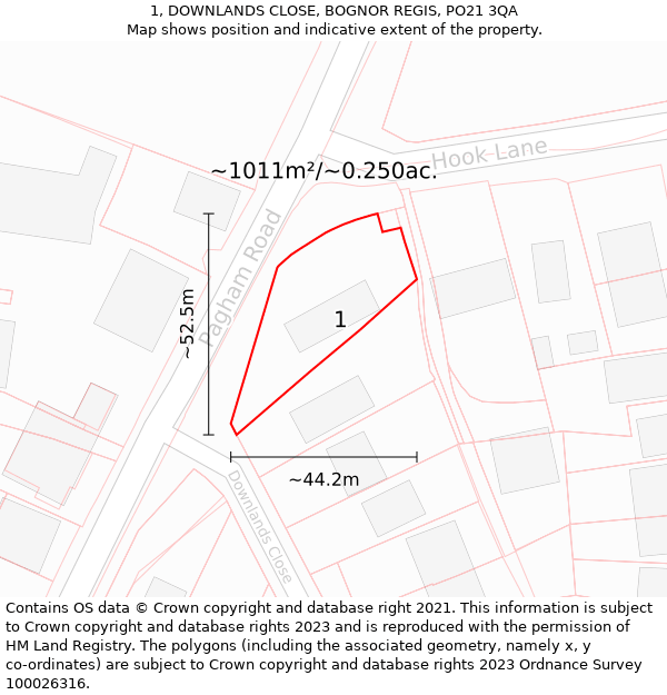 1, DOWNLANDS CLOSE, BOGNOR REGIS, PO21 3QA: Plot and title map