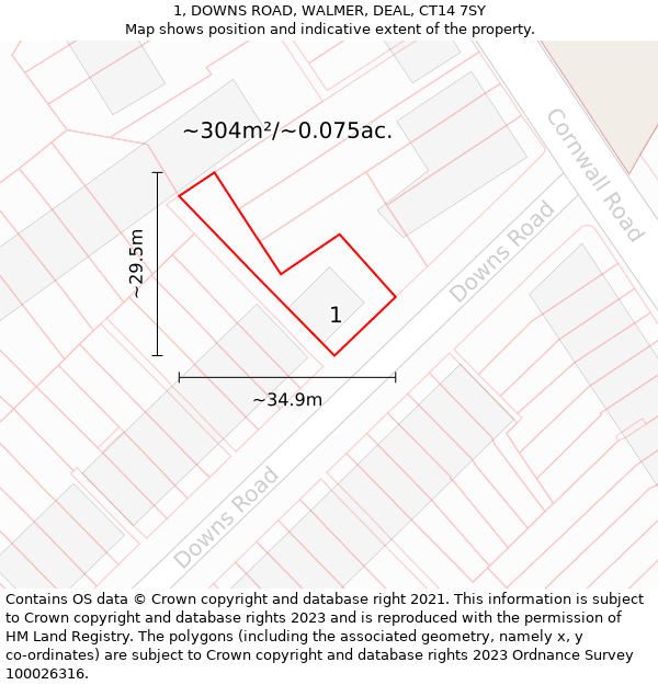 1, DOWNS ROAD, WALMER, DEAL, CT14 7SY: Plot and title map