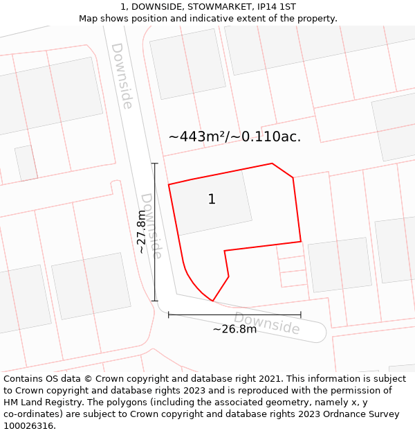 1, DOWNSIDE, STOWMARKET, IP14 1ST: Plot and title map