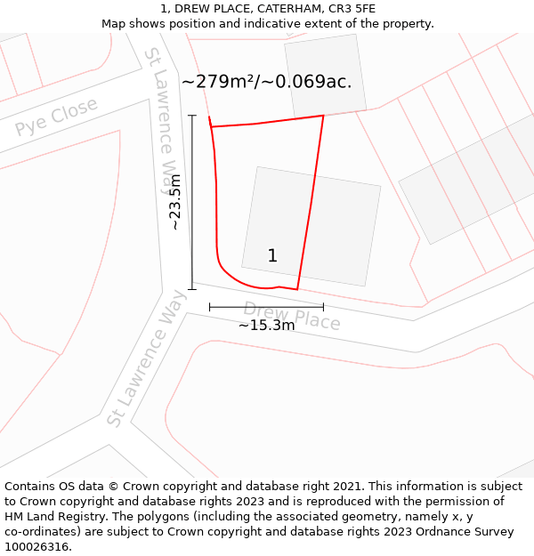 1, DREW PLACE, CATERHAM, CR3 5FE: Plot and title map