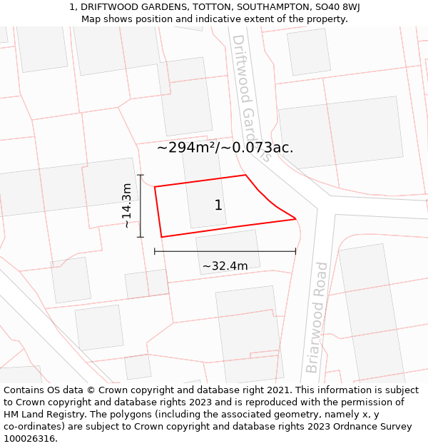 1, DRIFTWOOD GARDENS, TOTTON, SOUTHAMPTON, SO40 8WJ: Plot and title map