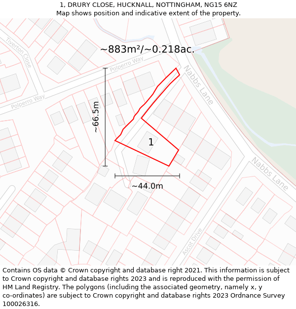 1, DRURY CLOSE, HUCKNALL, NOTTINGHAM, NG15 6NZ: Plot and title map