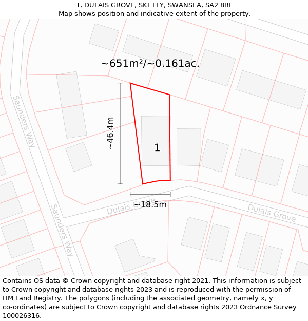 1, DULAIS GROVE, SKETTY, SWANSEA, SA2 8BL: Plot and title map