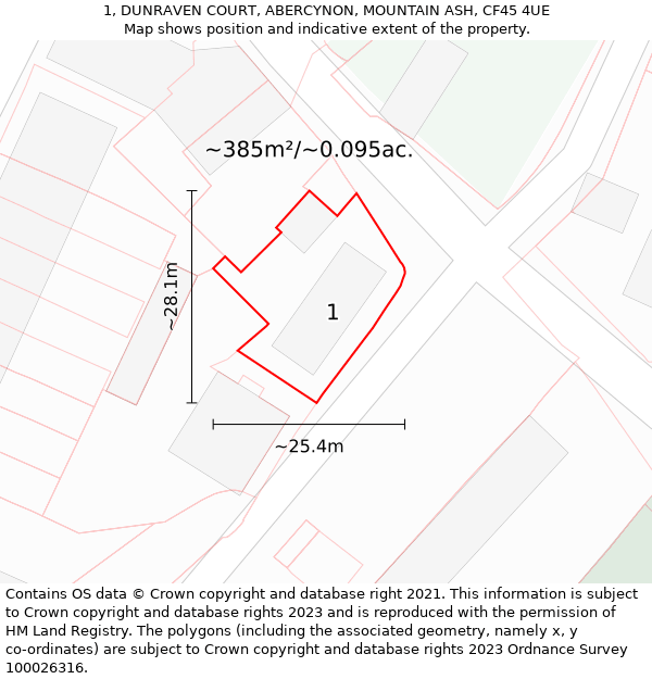 1, DUNRAVEN COURT, ABERCYNON, MOUNTAIN ASH, CF45 4UE: Plot and title map