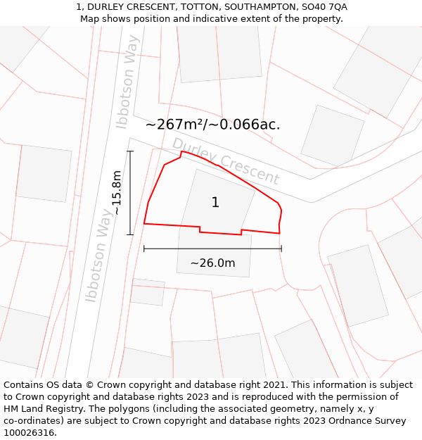 1, DURLEY CRESCENT, TOTTON, SOUTHAMPTON, SO40 7QA: Plot and title map