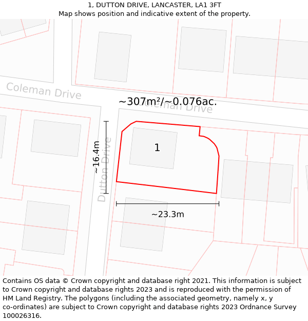 1, DUTTON DRIVE, LANCASTER, LA1 3FT: Plot and title map