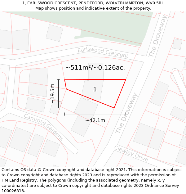 1, EARLSWOOD CRESCENT, PENDEFORD, WOLVERHAMPTON, WV9 5RL: Plot and title map