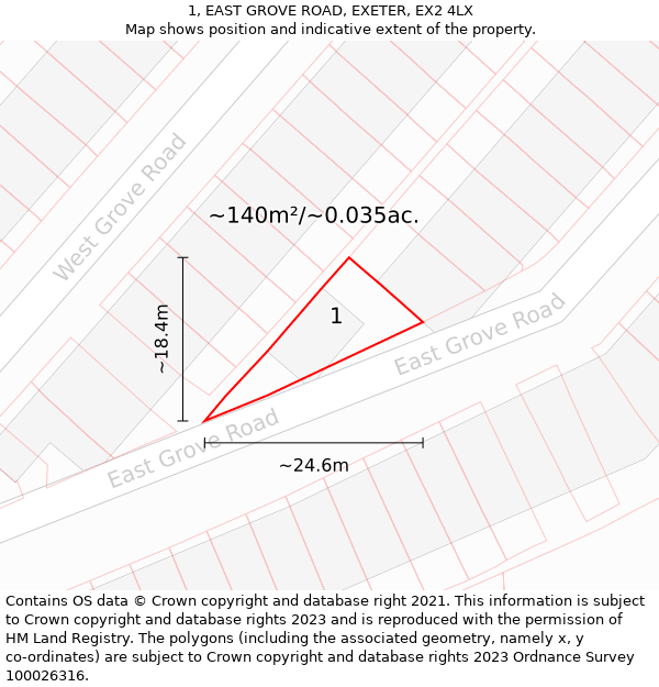 1, EAST GROVE ROAD, EXETER, EX2 4LX: Plot and title map